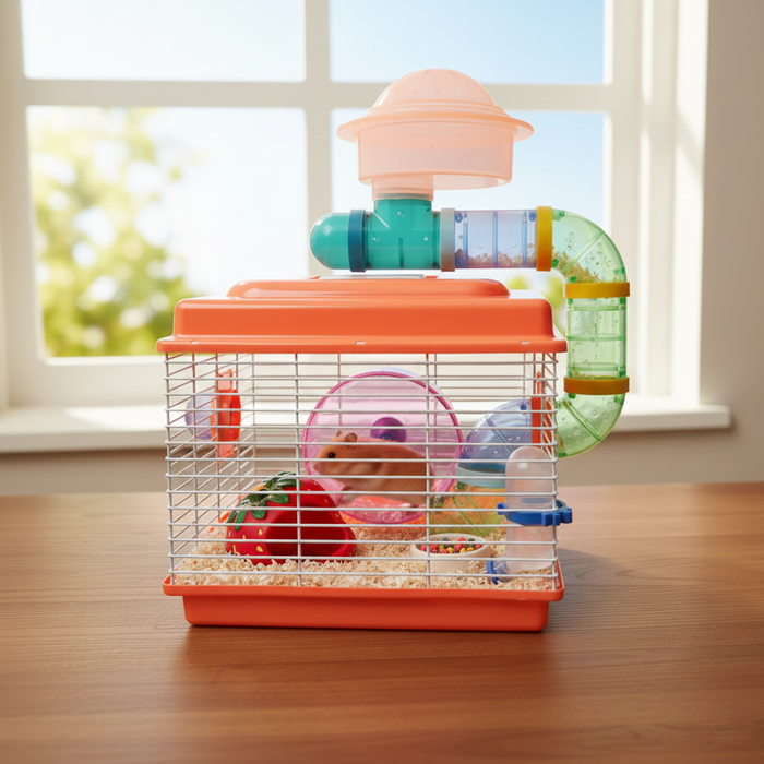 JAULA HAMSTER Completa: rueda, fresa,comedero,bebedero, 9 uniones, 5 codos, 4 rectas, 1 T,1 mirador.