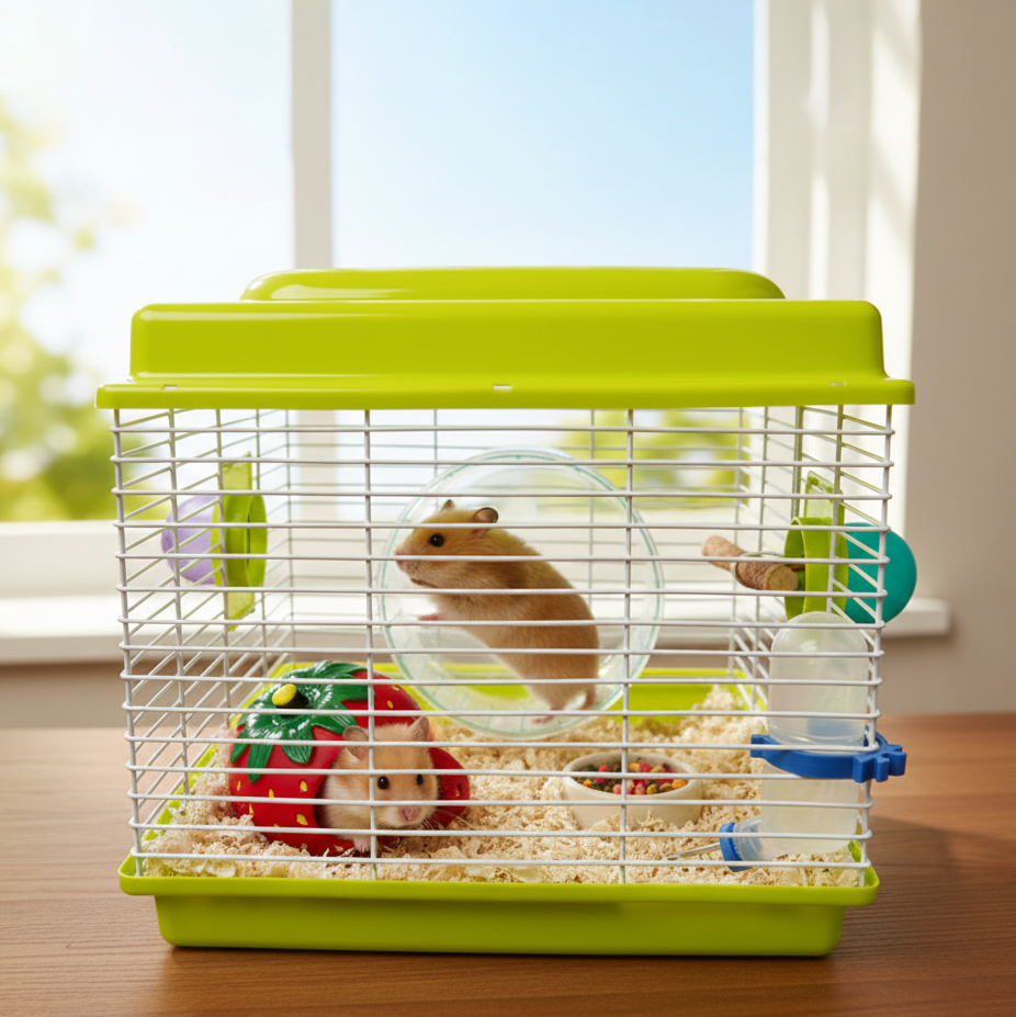 JAULA HAMSTER sencilla: rueda, fresa,comedero,bebedero.