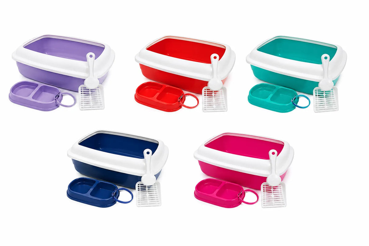 KIT GATO 3: Arenera Grande Sola, Collar gato, Comedero doble, Pala recogedora