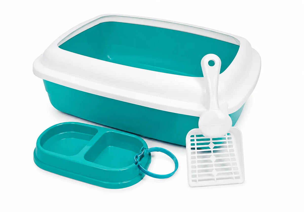 KIT GATO 3: Arenera Grande Sola, Collar gato, Comedero doble, Pala recogedora
