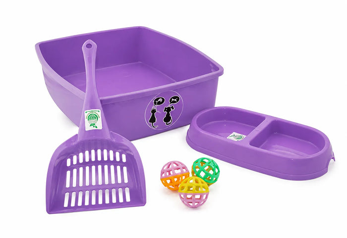 KIT GATO 1 : Arenera pequeña-Pala Recogedora-Comedero Doble Pequeño, Bola Cascabel x 3